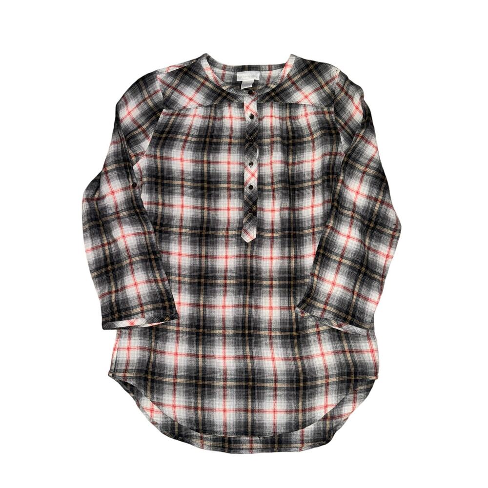 Soft Surroundings Tunic Blouse Women's Size M Red Black Plaid Roll Tab Sleeve